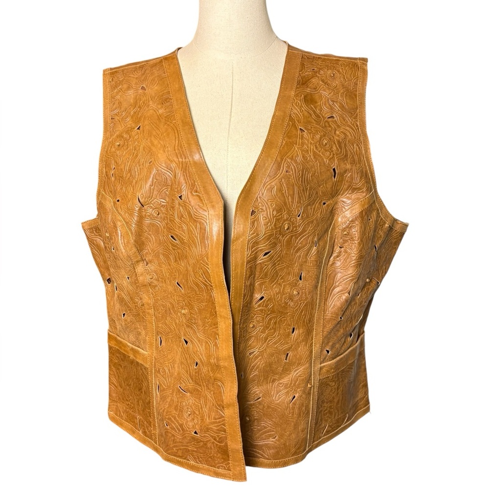 Coldwater Creek Leather Vest Cut Outs Western Open Front Ladies. XXL